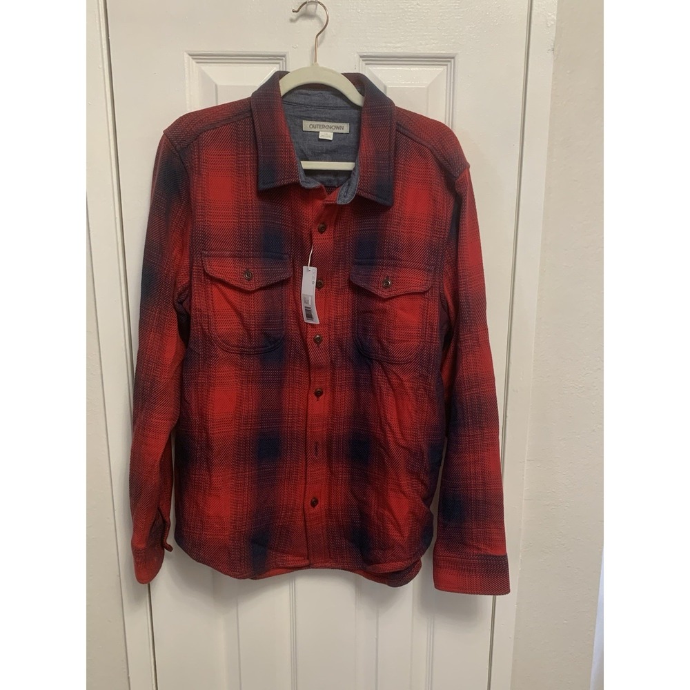 NWT Outerknown Blanket Shirt Red Black Plaid Organic Cotton Flannel Button Up L